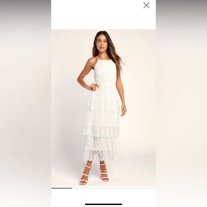 Came For Cocktails White Pleated Tiered Lace Maxi Dress